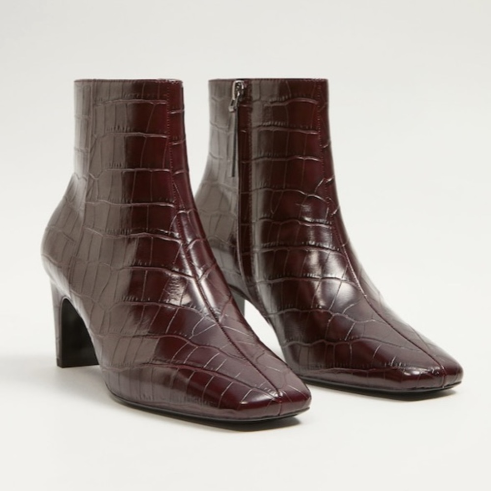 MNG Square Toe Maroon Croc Effect Boots